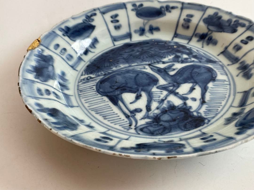 骨董　アンティーク　古染付　芙蓉手　双鹿図　皿　七寸皿