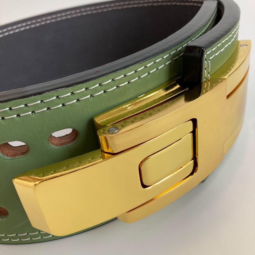 パワーベルト Sサイズ ワンタッチ可変式 本革100％ 緑×ゴールド レバー