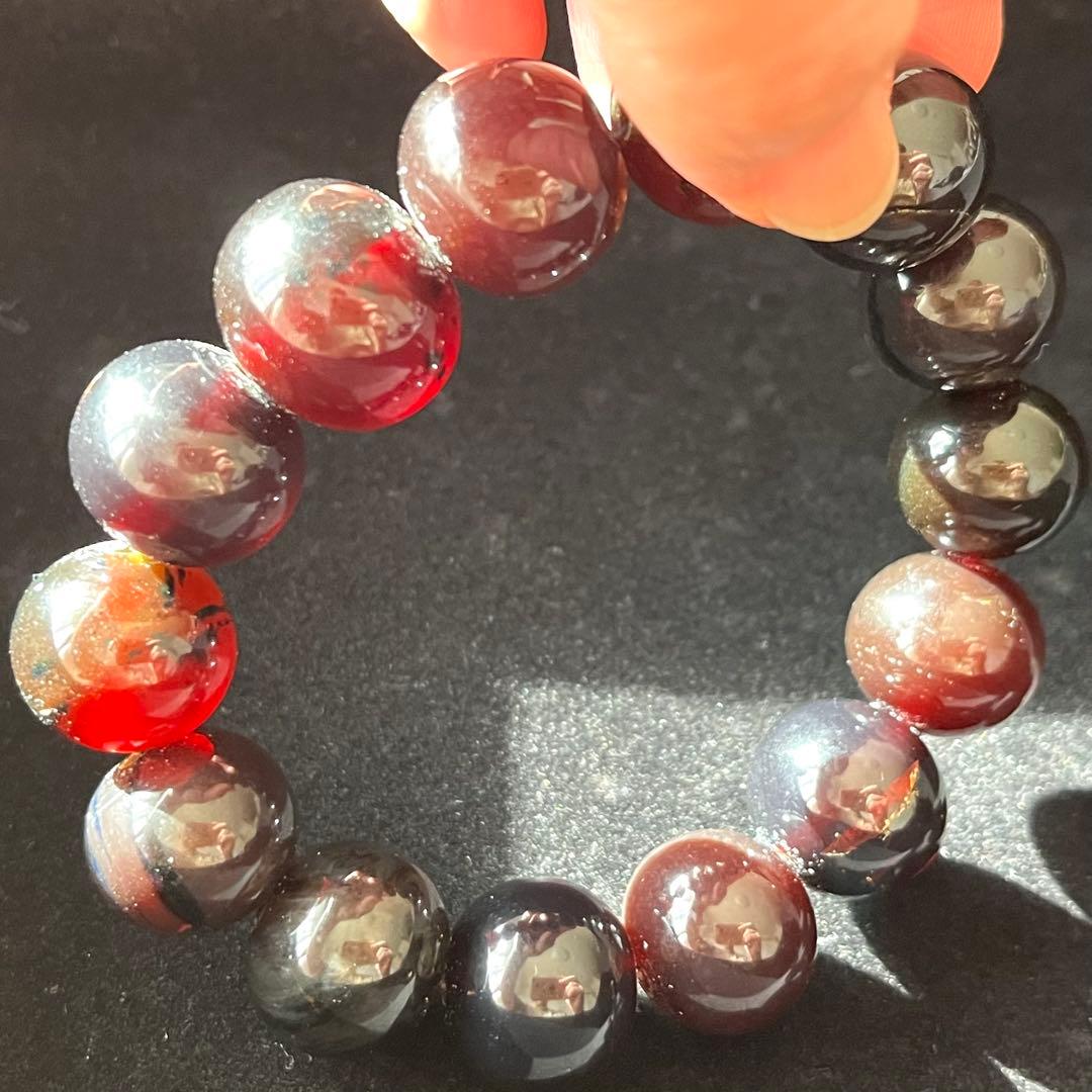 高品質 琥珀 スマトラ チェリーレッド ブルー アンバー ブレスレット 化石