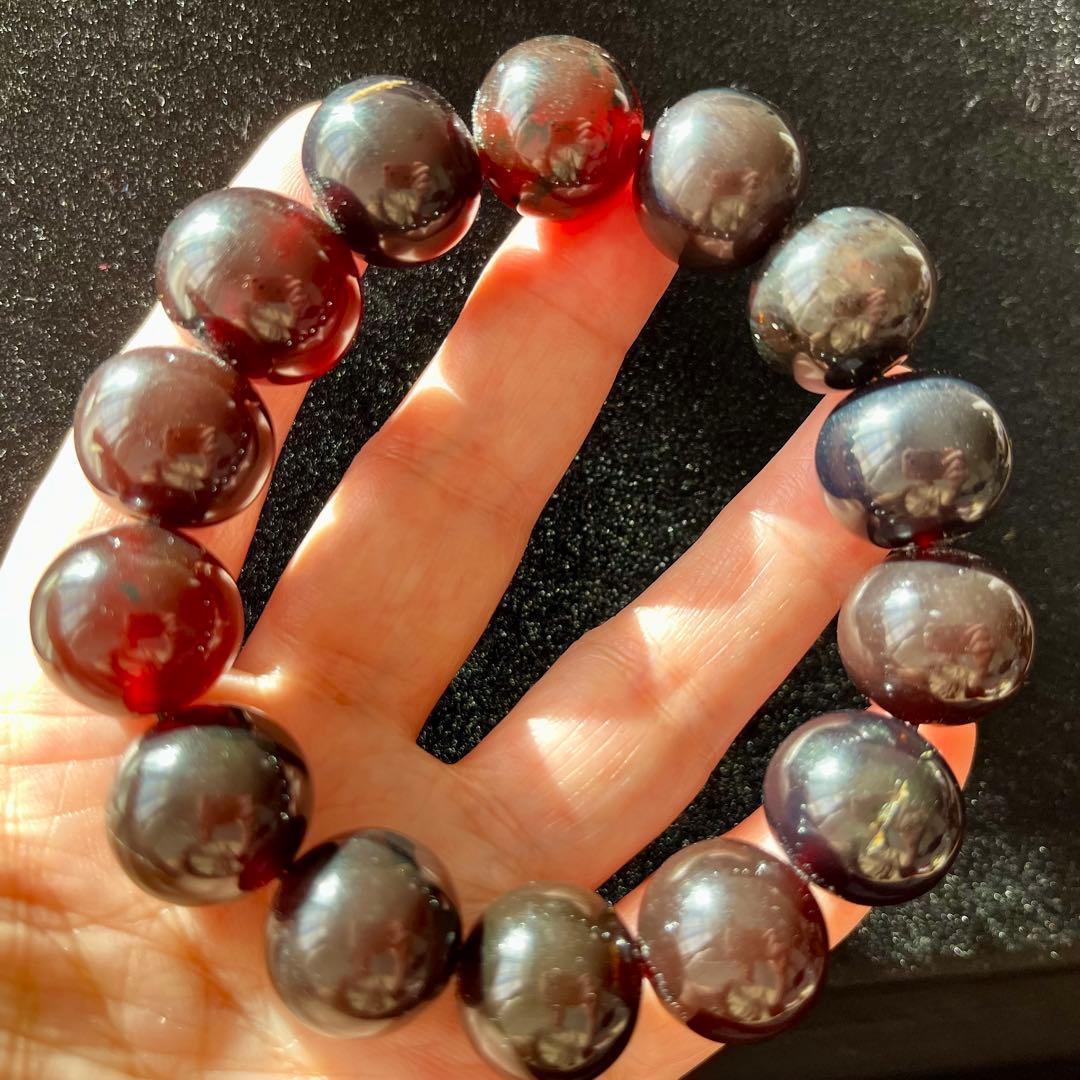 高品質 琥珀 スマトラ チェリーレッド ブルー アンバー ブレスレット 化石