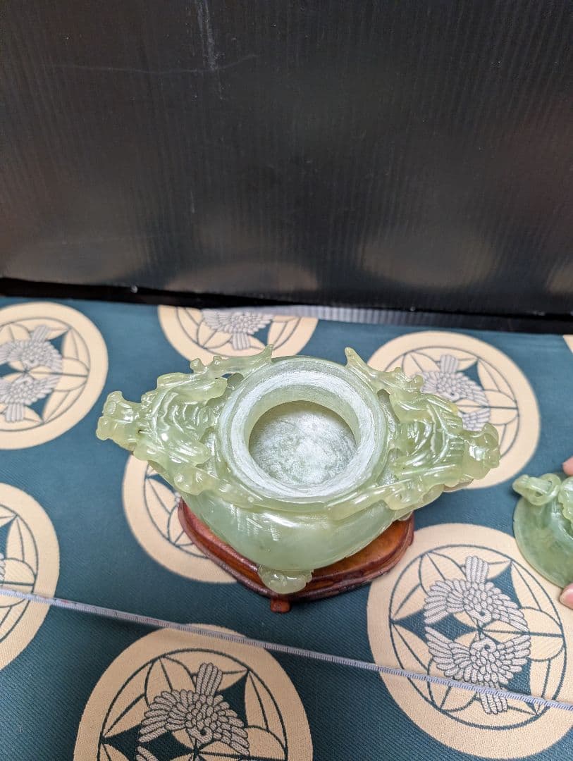 中国翡翠香炉 獅子装飾 置物 約10cm