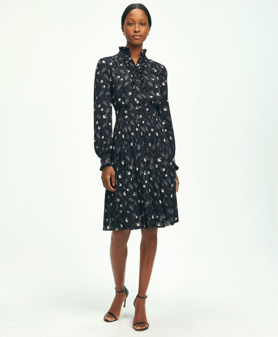 ブルックスブラザーズ　フクロウ柄フリル襟ワンピース 黒 膝丈　サイズ感4