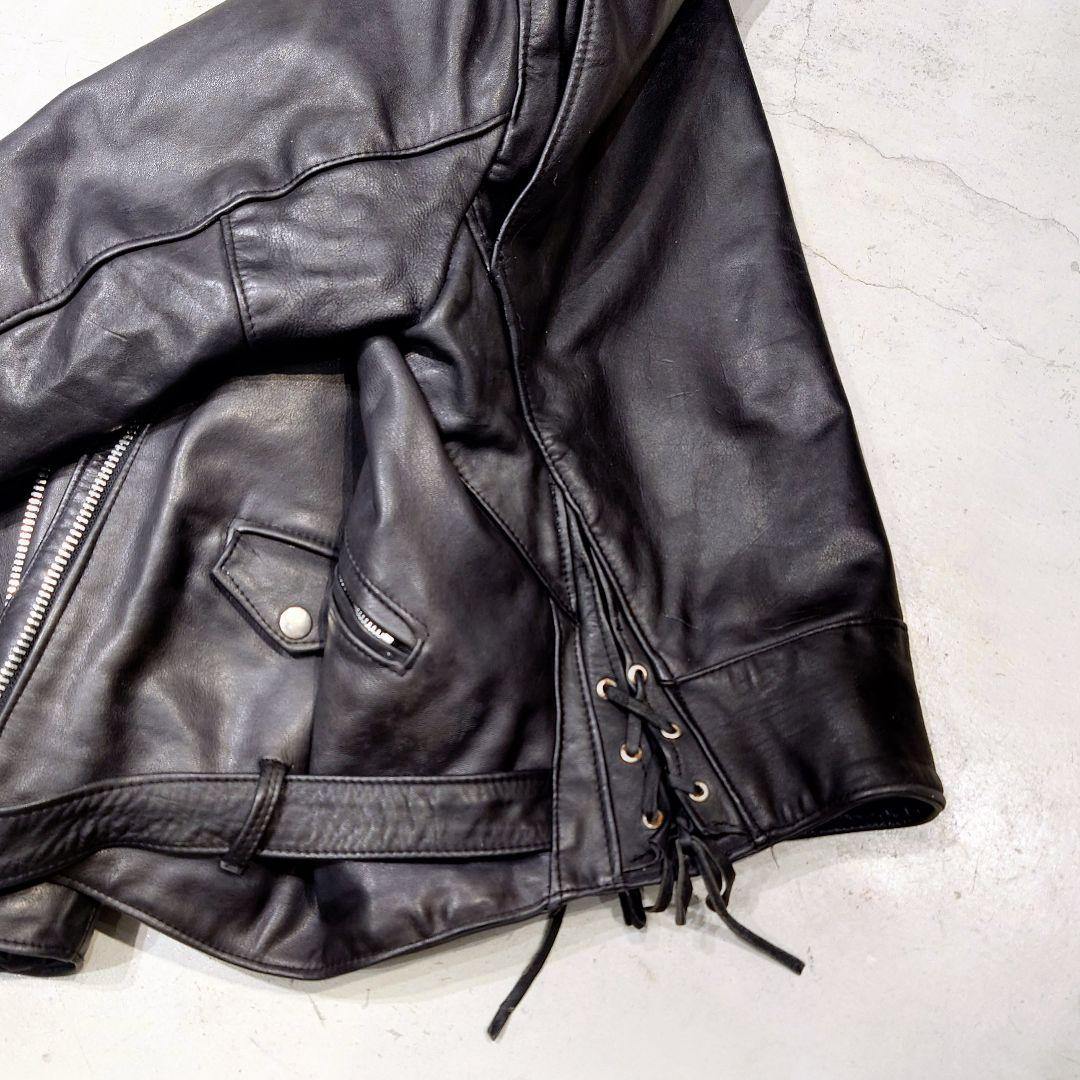 USヴィンテージ レザーライダースダブル 黒 牛革 サイドレースアップ