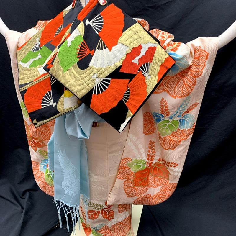 509ag21□七五三 七歳 女児 着物&袋帯&長襦袢 金彩 桐□状態良好