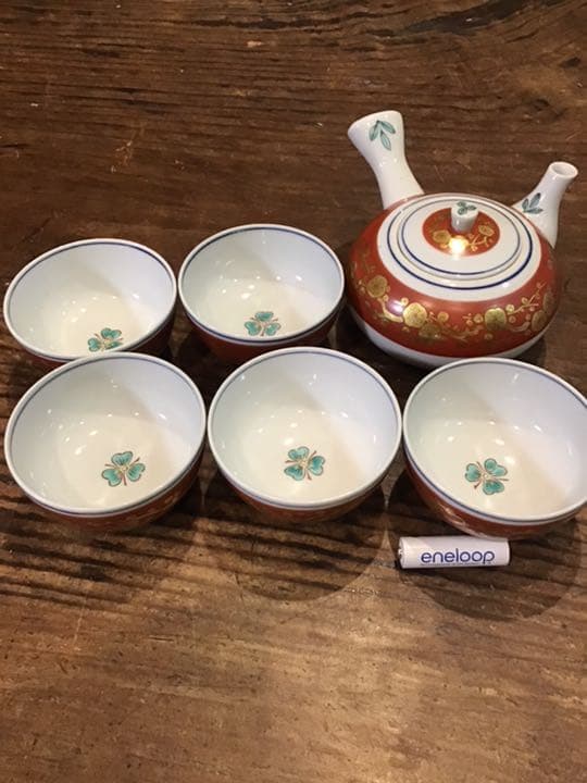 吉田美統　錦山銘　赤地金蘭手茶器揃え　茶具　人間国宝