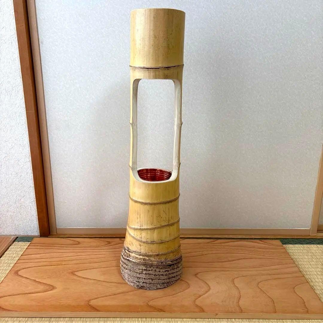 45 美品　根付き　二重切り　二重切　 生け花　竹花入れ　華道具