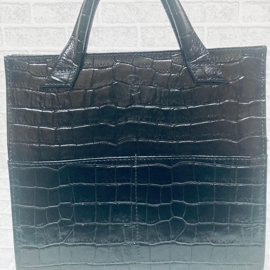 バジョルゴ　ミニトートバッグ　ブラッククロコ型押し　日本製　光沢　牛革