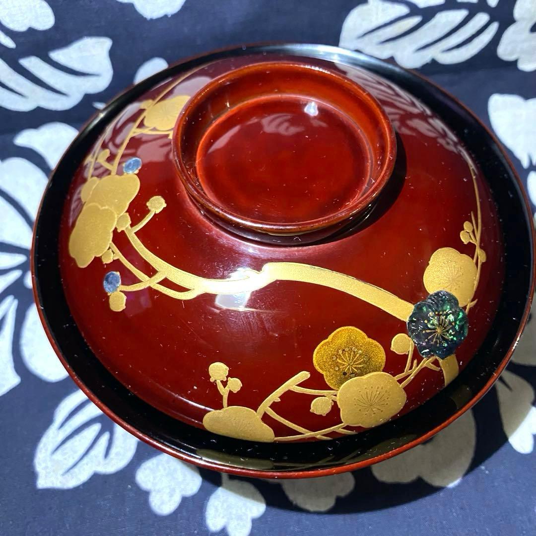 大正時代物骨董　天然木製漆器椀　梅柄金蒔絵・螺鈿　外朱内黒　菓子椀・雑煮椀　二客