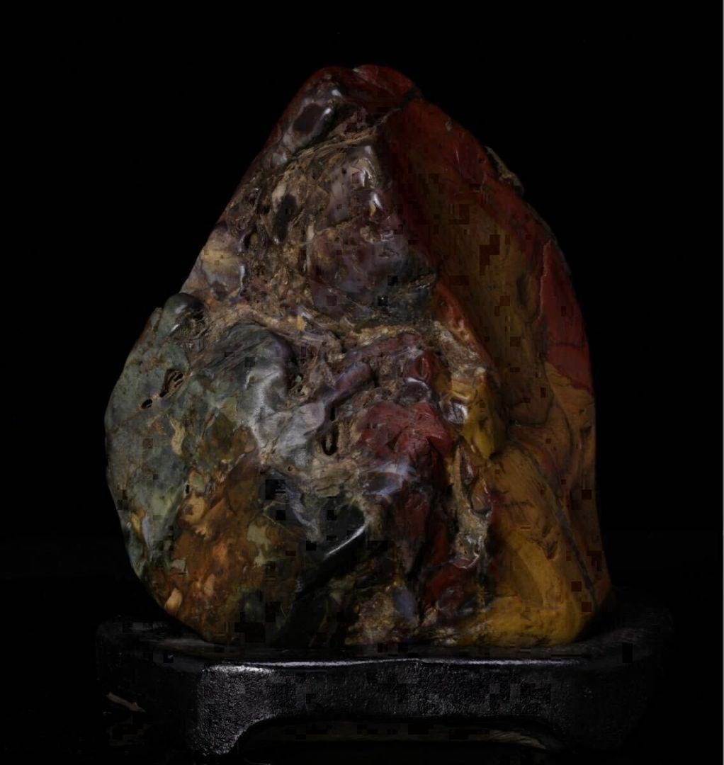 【希少・美石】佐渡 五色石 水石 原石 鑑賞石 天然石 自然石 台付 赤玉石