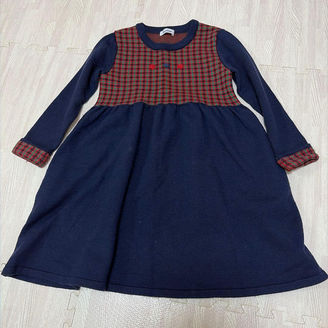 familiar 130cm 長袖ワンピース ネイビー・チェック柄