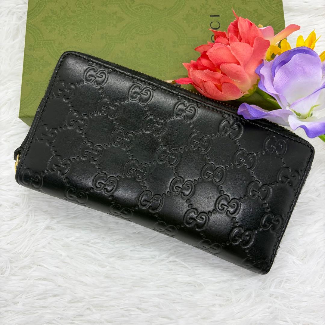 美品✨️グッチ　長財布　ラウンドファスナー　GG柄　シマ　レザー　ブラック　黒