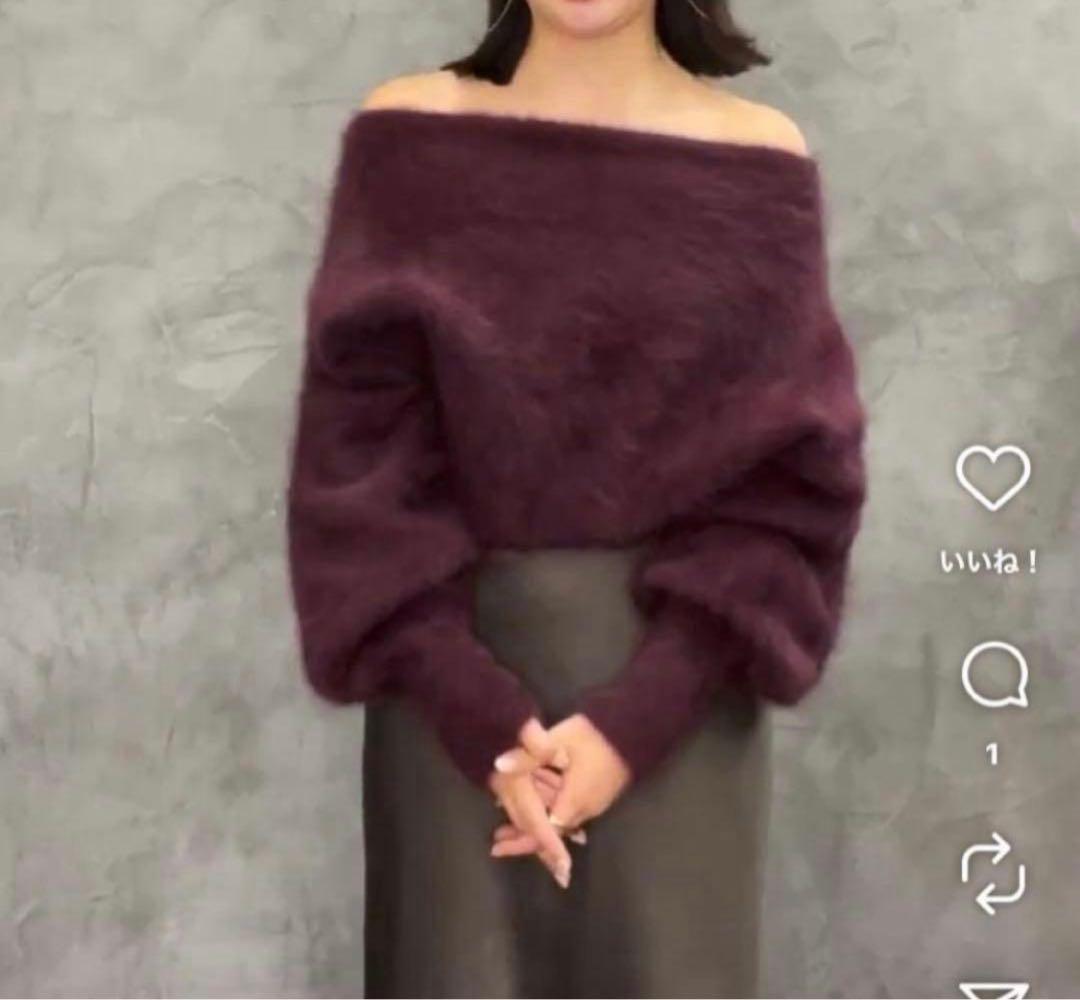 【バーガンディ】anuansラクーンフォックスオフショルニットプルオーバー