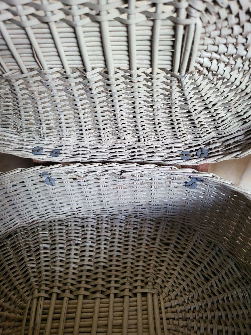 バスケット　カゴ　藤　木製ビーズ の 取っ手　レトロ　古道具