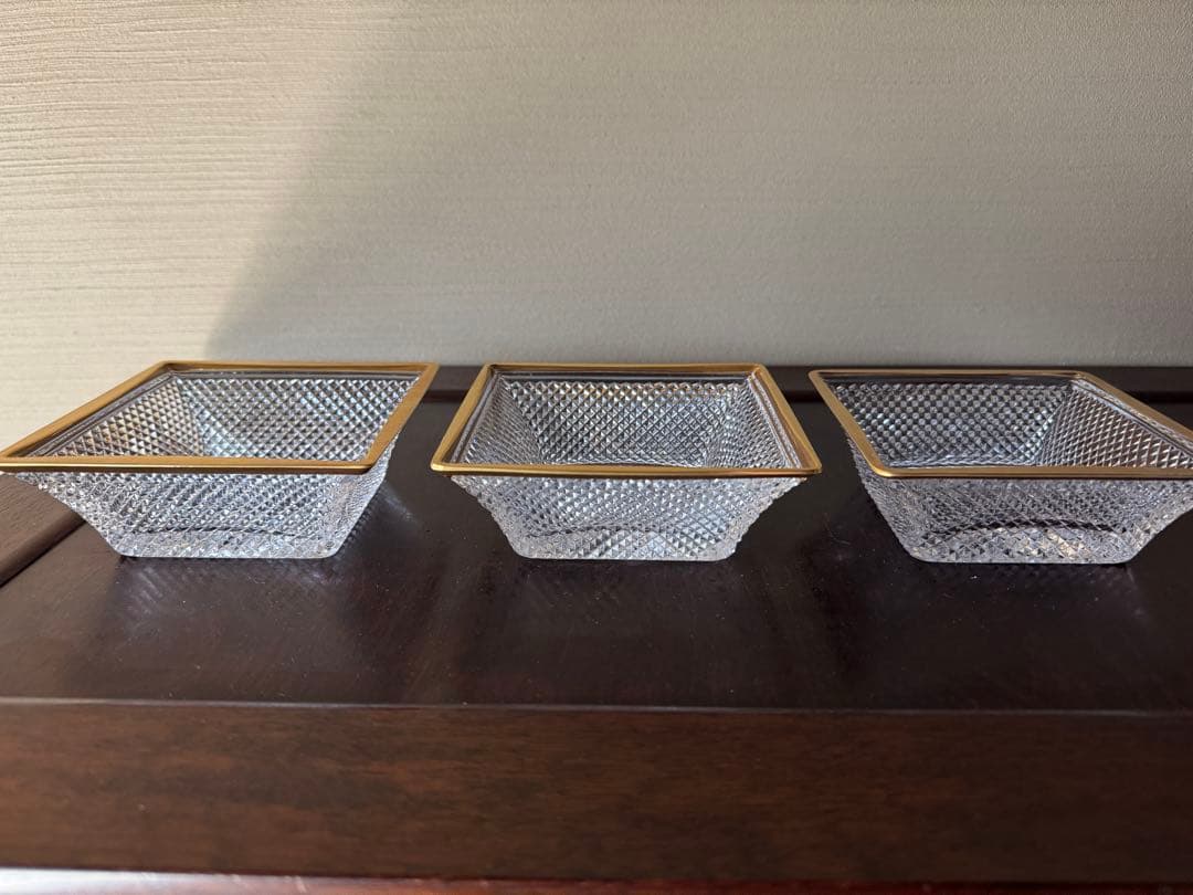 江戸切子　金彩ダイヤ文角平鉢　3客 堀口硝子