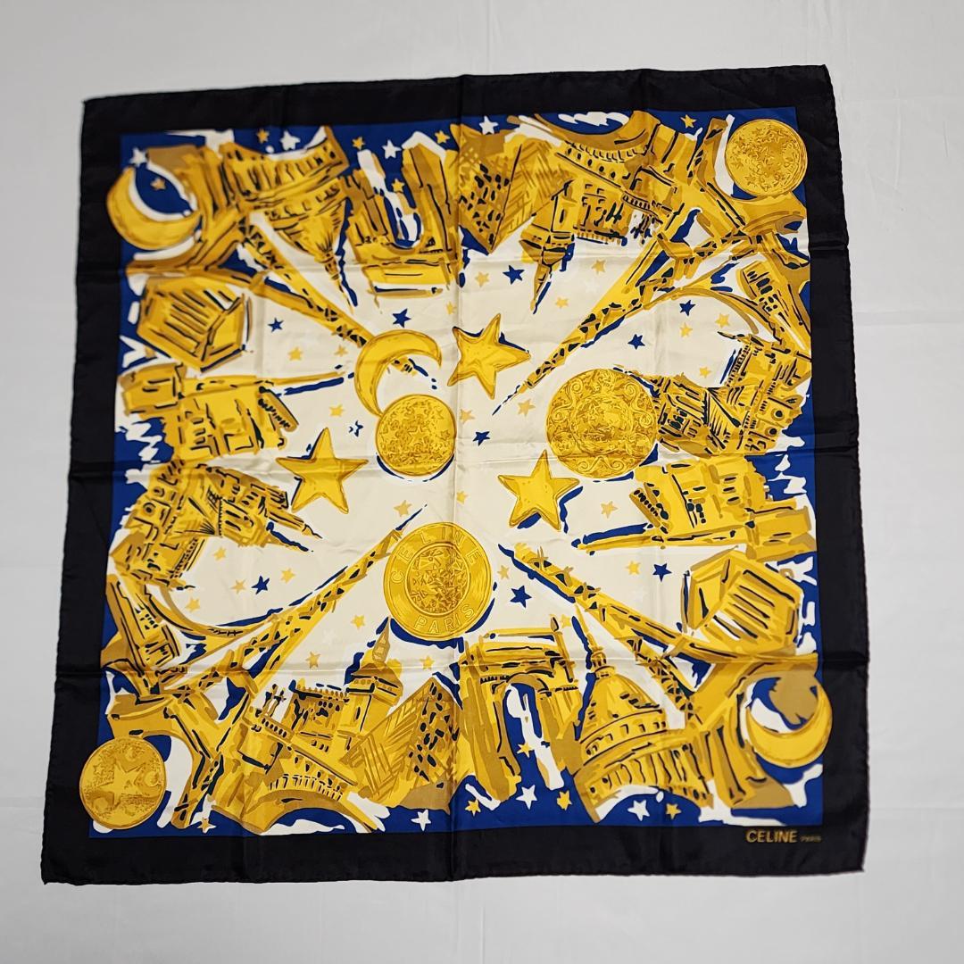 美品 ★CELINE★ スカーフ 大判 スターボール パリ シルク ブラック