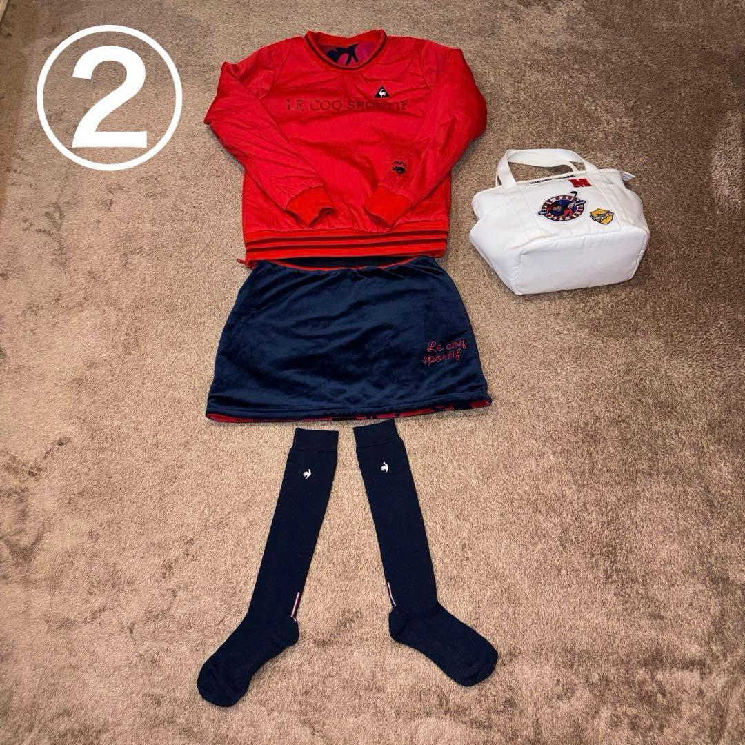 ルコックゴルフ4WAY猫柄/赤中綿スニードと猫柄/紺色中綿スカートセットアップM