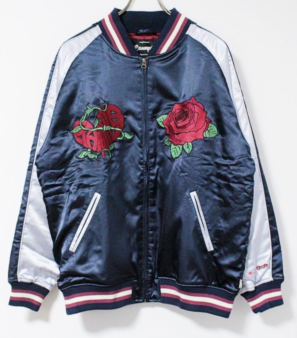 新品 エグザンプル サテン生地 ハート・薔薇刺繍 スカジャン Lサイズ 紺