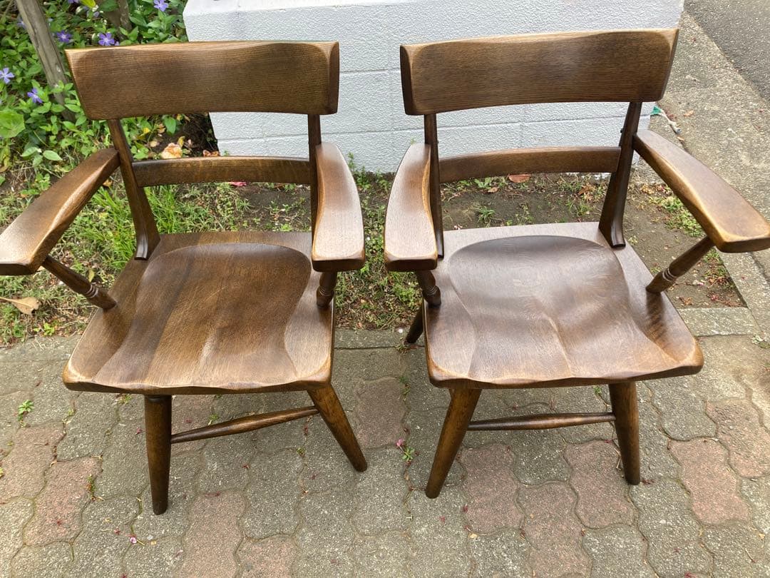 柏木工、回転、木製アームチェア 2脚セット ブラウン