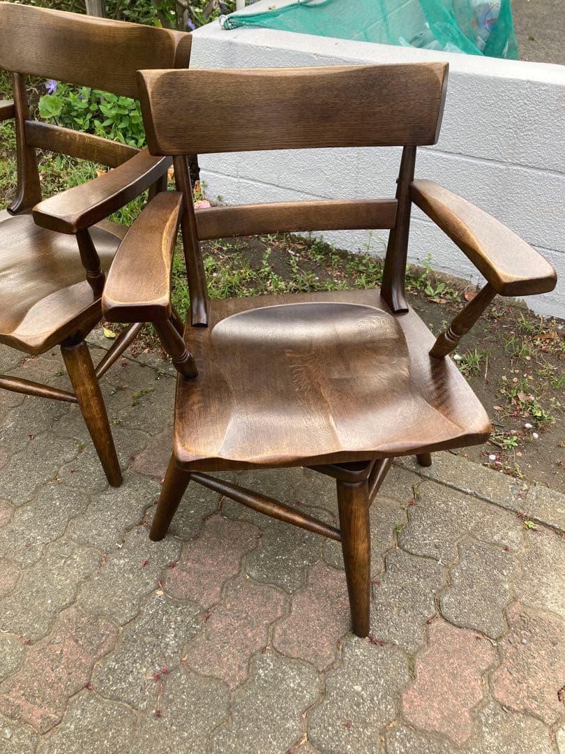 柏木工、回転、木製アームチェア 2脚セット ブラウン