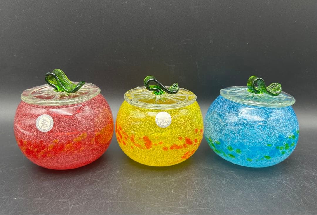 琉球ガラス　泡カレット　菓子入れ　キャニスター　レッド　イエロー　ブルー　未使用
