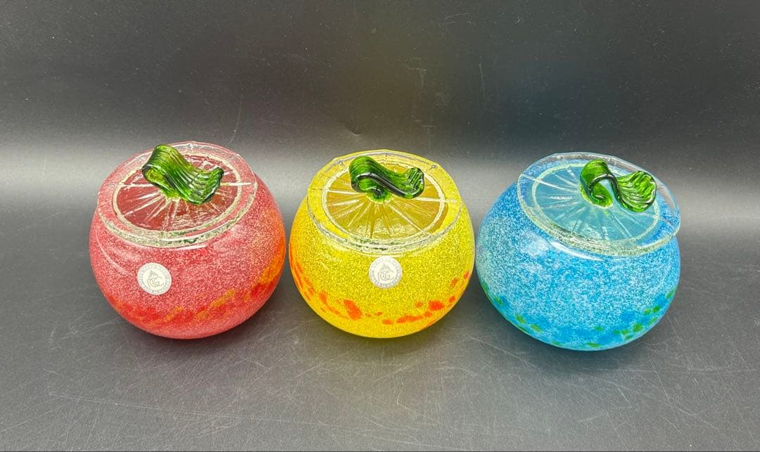 琉球ガラス　泡カレット　菓子入れ　キャニスター　レッド　イエロー　ブルー　未使用