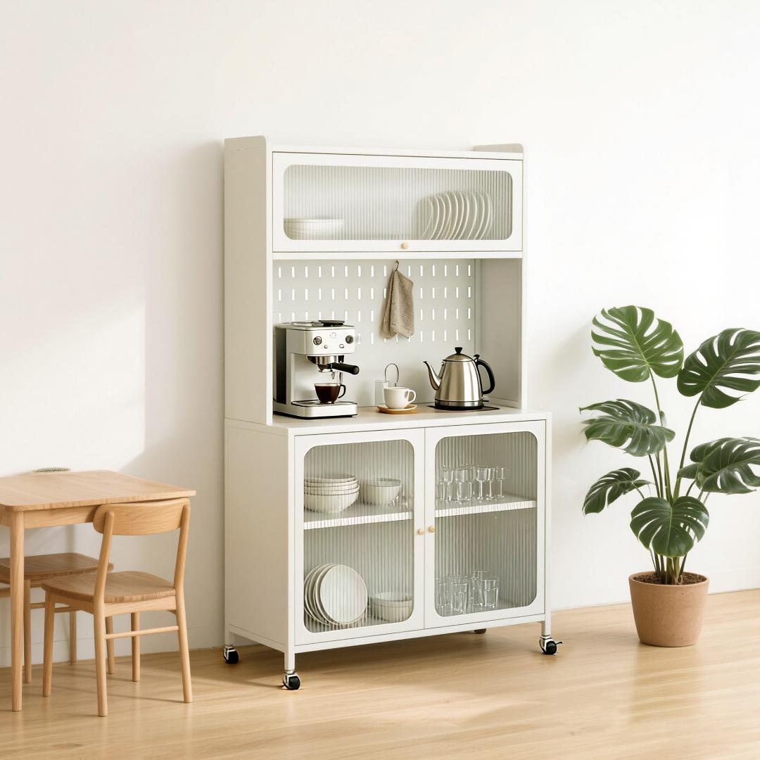 食器棚　キッチン収納　ガラス扉　大容量でしっかり収納　おしゃれ　WHITE