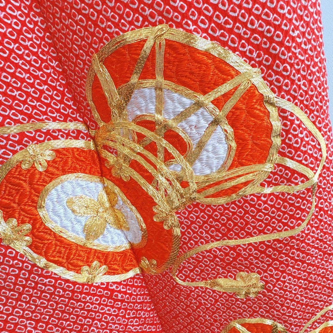 フルセット　七五三　7歳女の子　総しぼり　金糸　刺繍　鼓　黒袋帯　蝶　7066