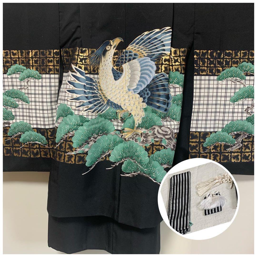 七五三　五才　男の子　晴れ着セット　黒地　勇壮　鷹の図　袴紐下前60後ろ63