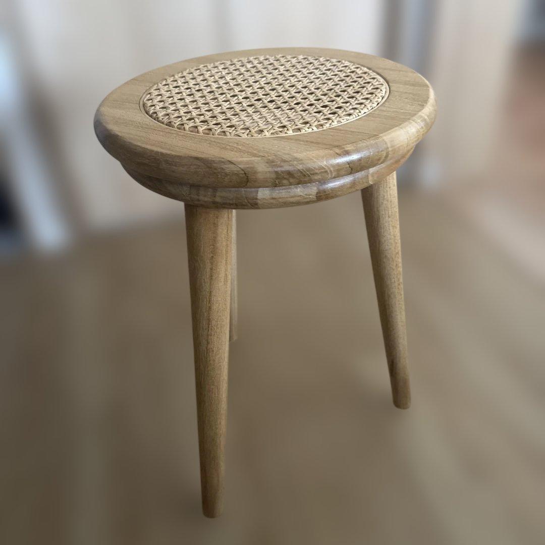チーク無垢材×ラタン 丸スツール