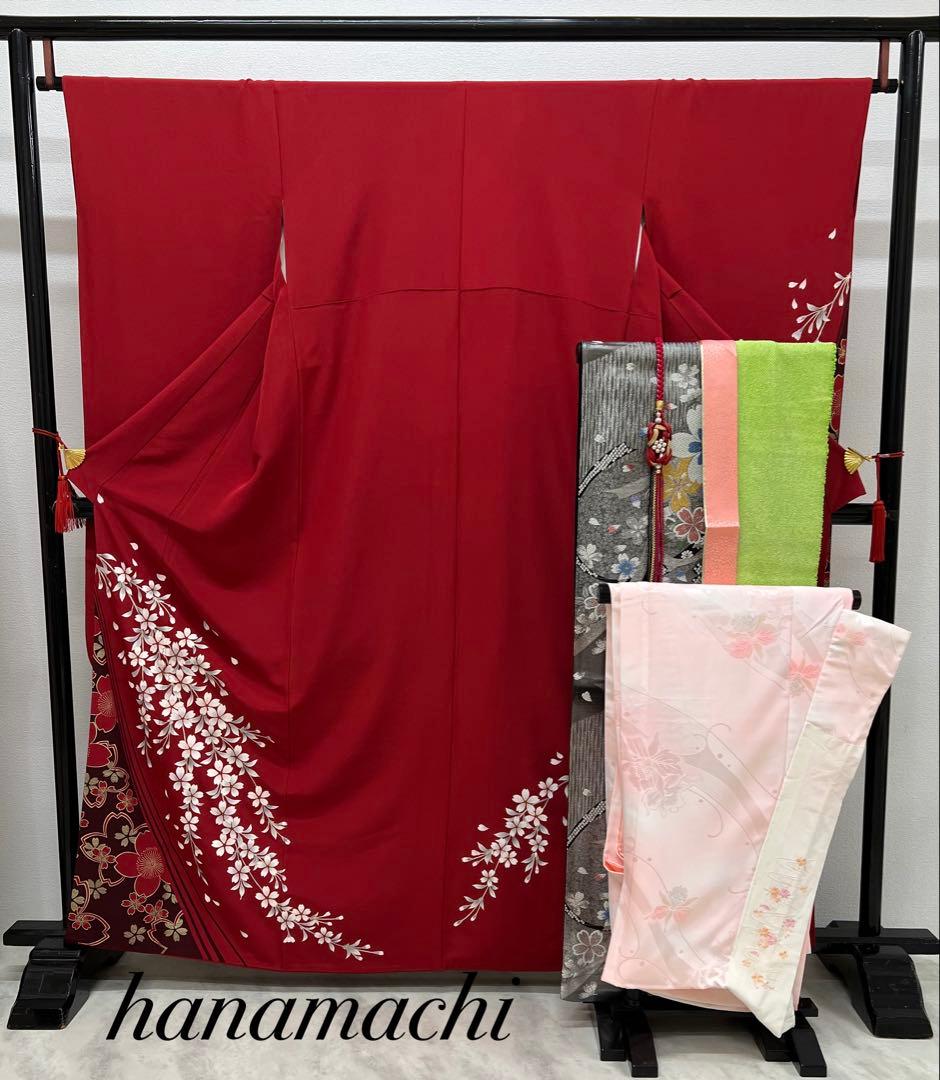 振り袖　フルセット　長襦袢　金彩加工　成人式　赤　桜　結婚式　ガード加工　765