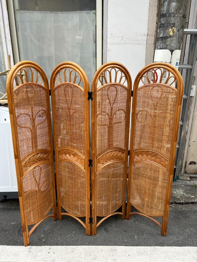 ◎ラタンパーテーション 4連 木製 アーチ型 昭和レトロ ウッドラタン 150