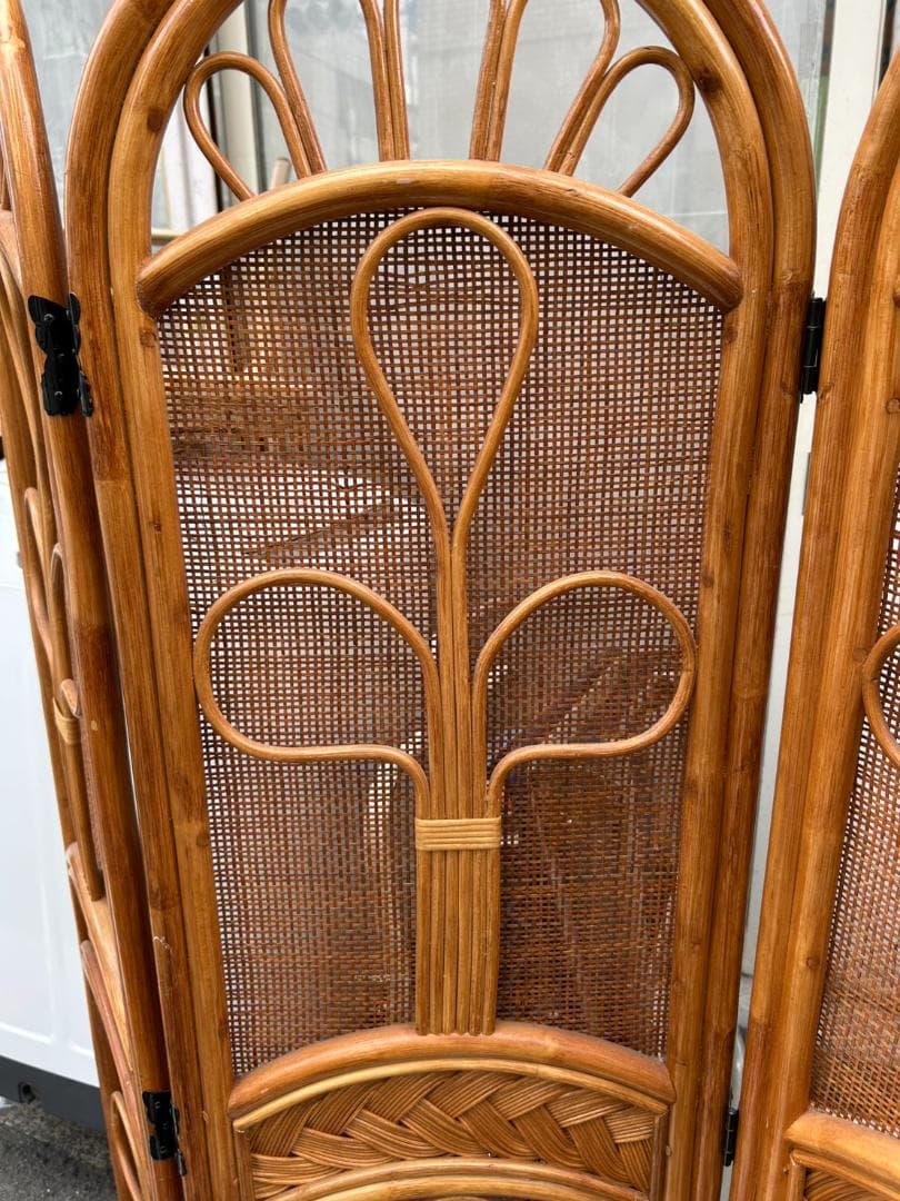◎ラタンパーテーション 4連 木製 アーチ型 昭和レトロ ウッドラタン 150