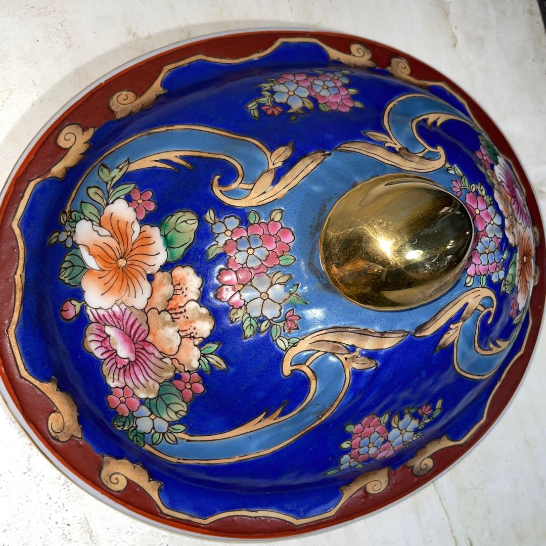景徳鎮 乾隆年製 中国 大型 蓋付き碗 シチュー器 金彩 色絵磁器 古食器