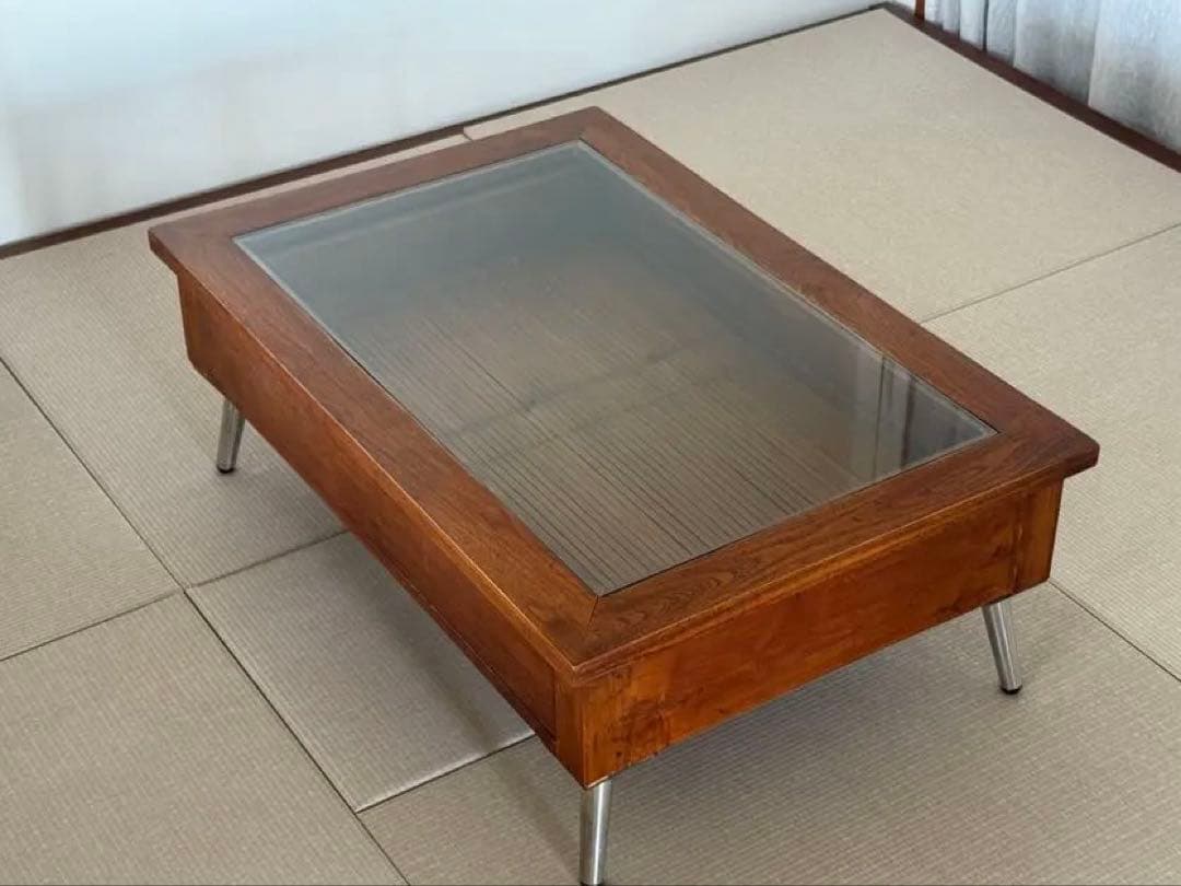 ヴィンテージアンティーク木製ガラス天板の長方形ローテーブル