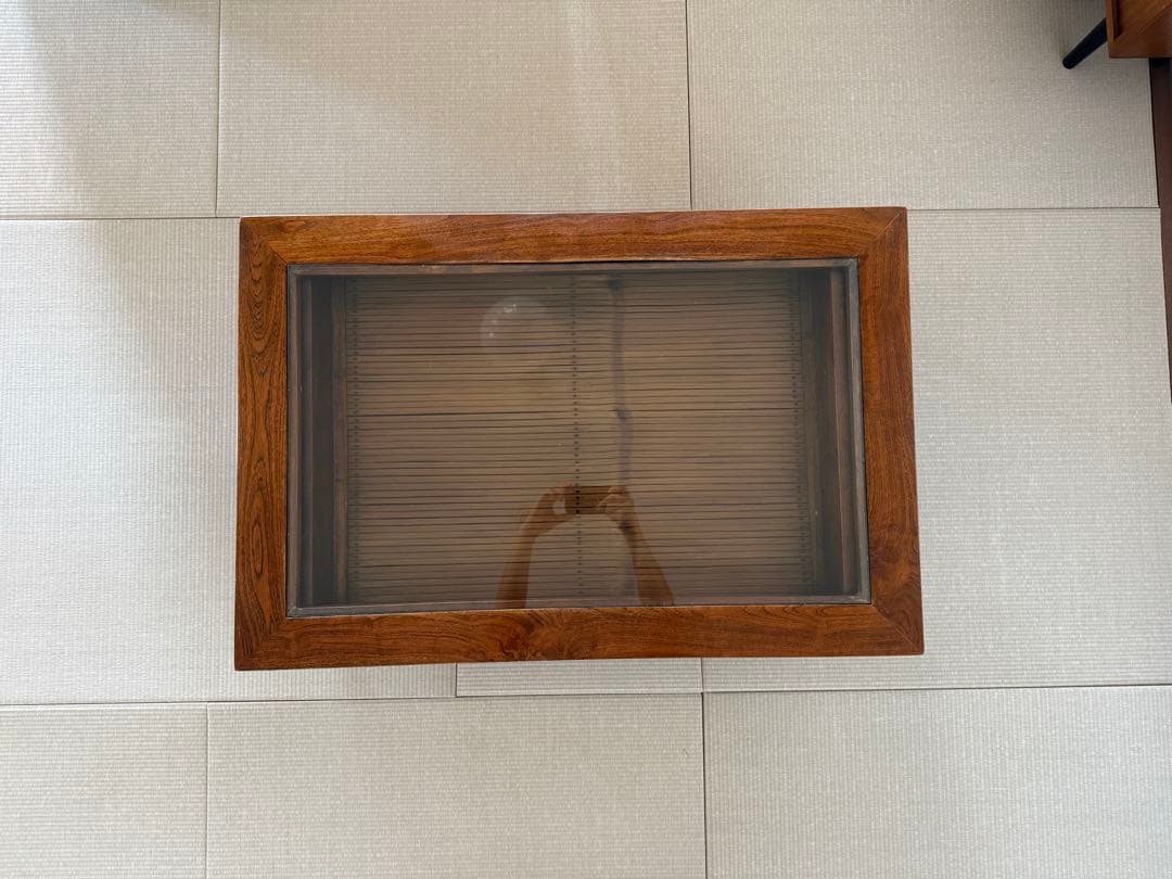 ヴィンテージアンティーク木製ガラス天板の長方形ローテーブル