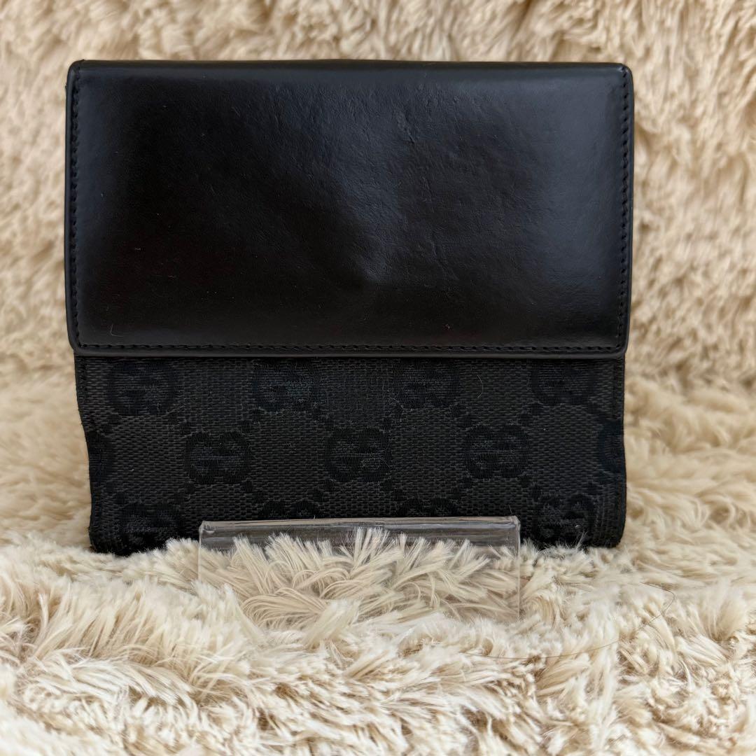 ✨美品✨グッチ　ジャッキー　折りたたみ　財布　キャンバス　レザー　ブラック