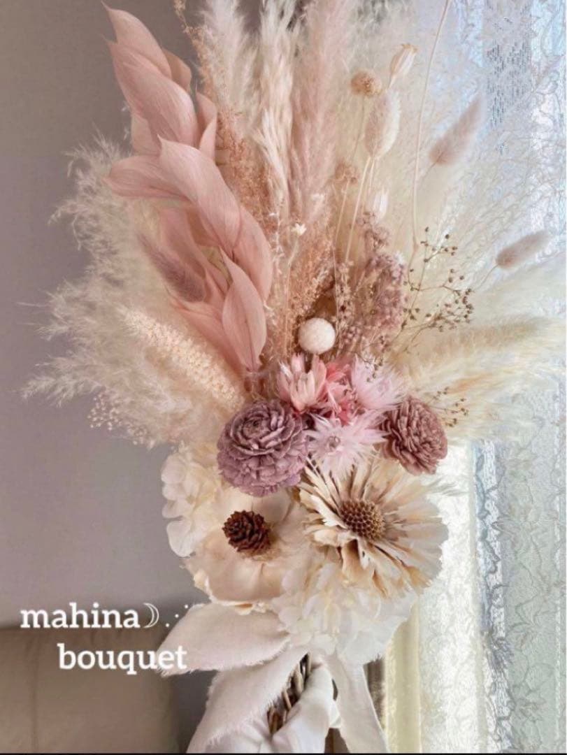 ウェディングブーケ ブートニア付き くすみピンク ドライフラワーブーケ 前撮り