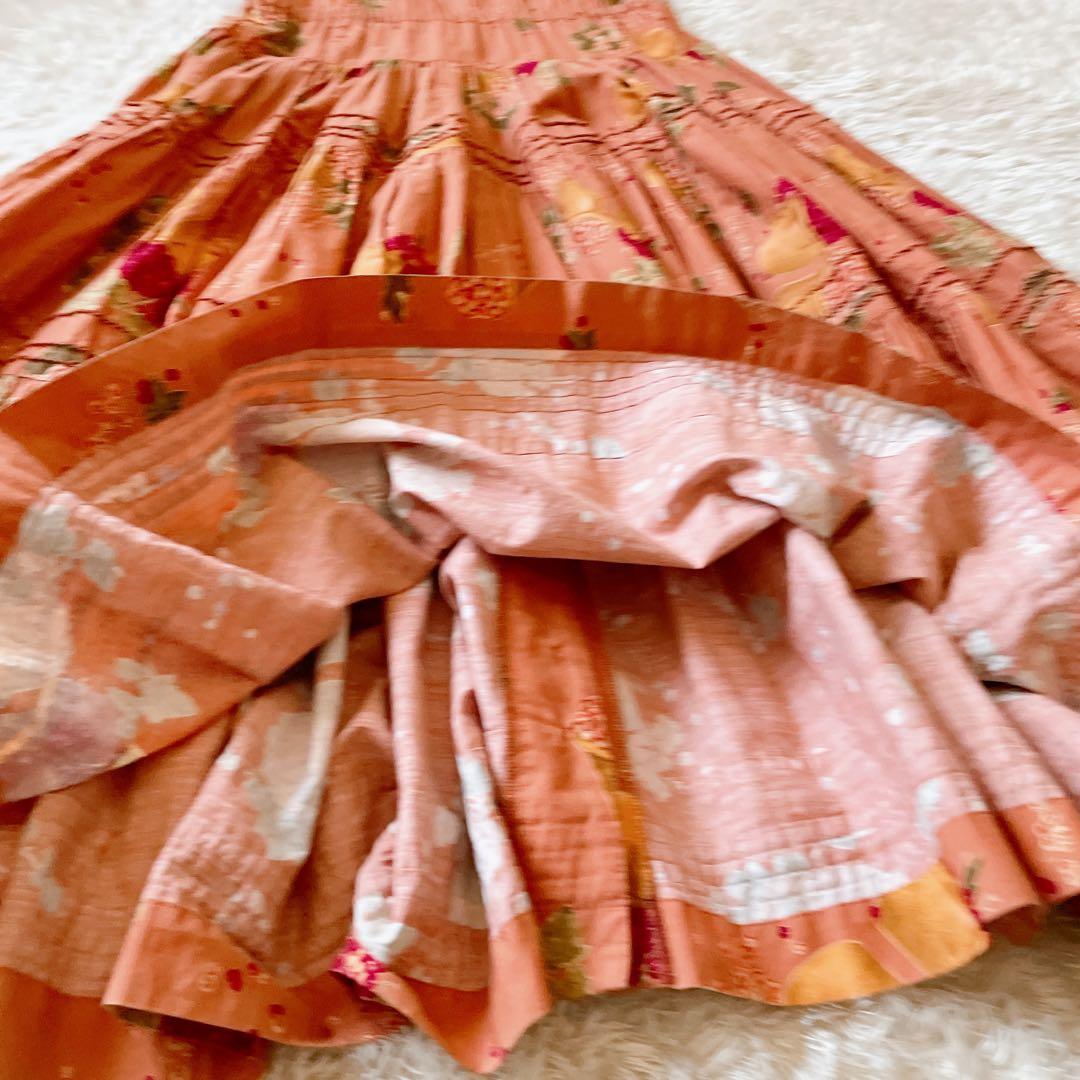 カネコイサオ ヴィンテージ 花柄 総柄 フルーツ ロングワンピ サーモンピンク