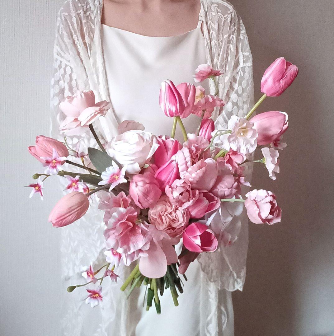 チューリップ　胡蝶蘭　スイトピー　ウェディングブーケ　サーモンピンク　造花