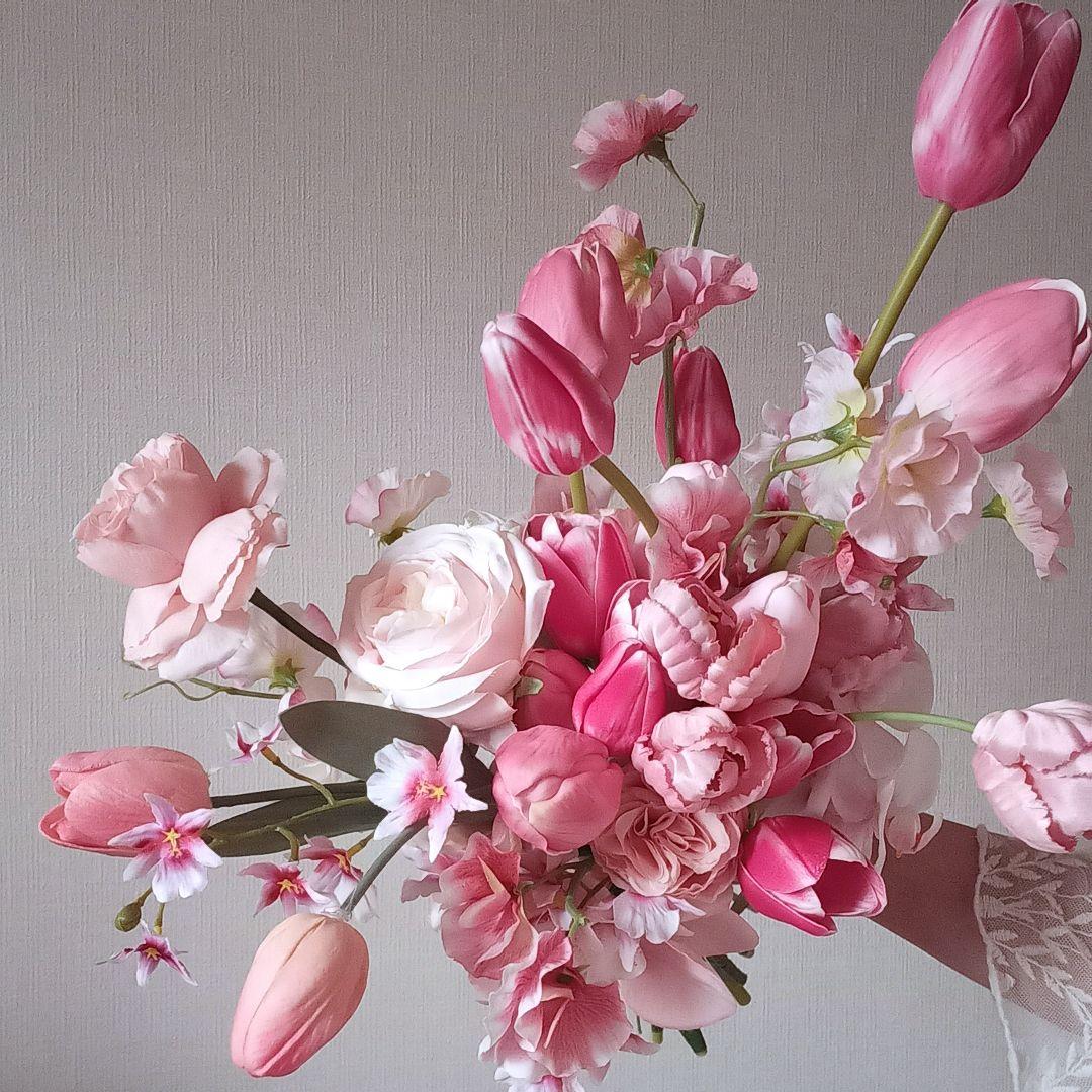 チューリップ　胡蝶蘭　スイトピー　ウェディングブーケ　サーモンピンク　造花