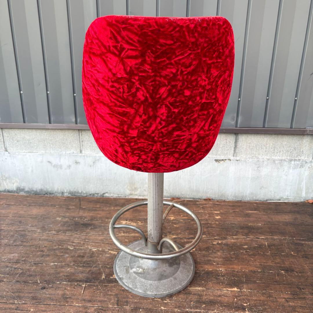 ②昭和レトロ 回転式バーチェア ベロア 赤 ビンテージ スナック椅子 ベルベット