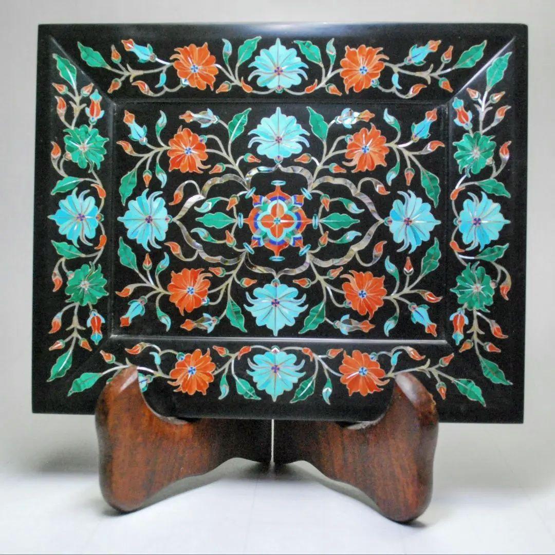 黒大理石　象嵌　トレー　black marble inlay tray