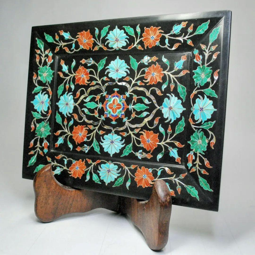 黒大理石　象嵌　トレー　black marble inlay tray