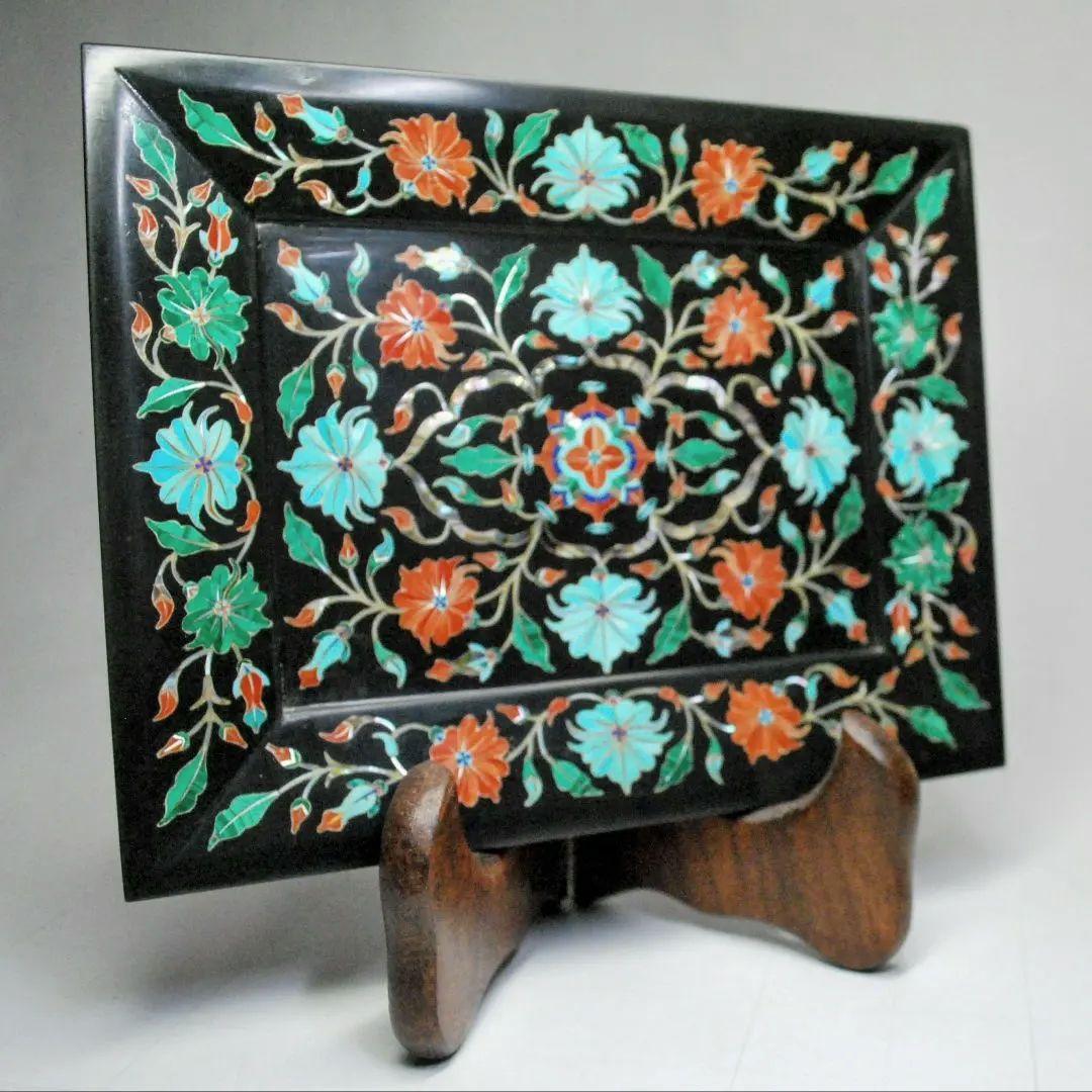 黒大理石　象嵌　トレー　black marble inlay tray