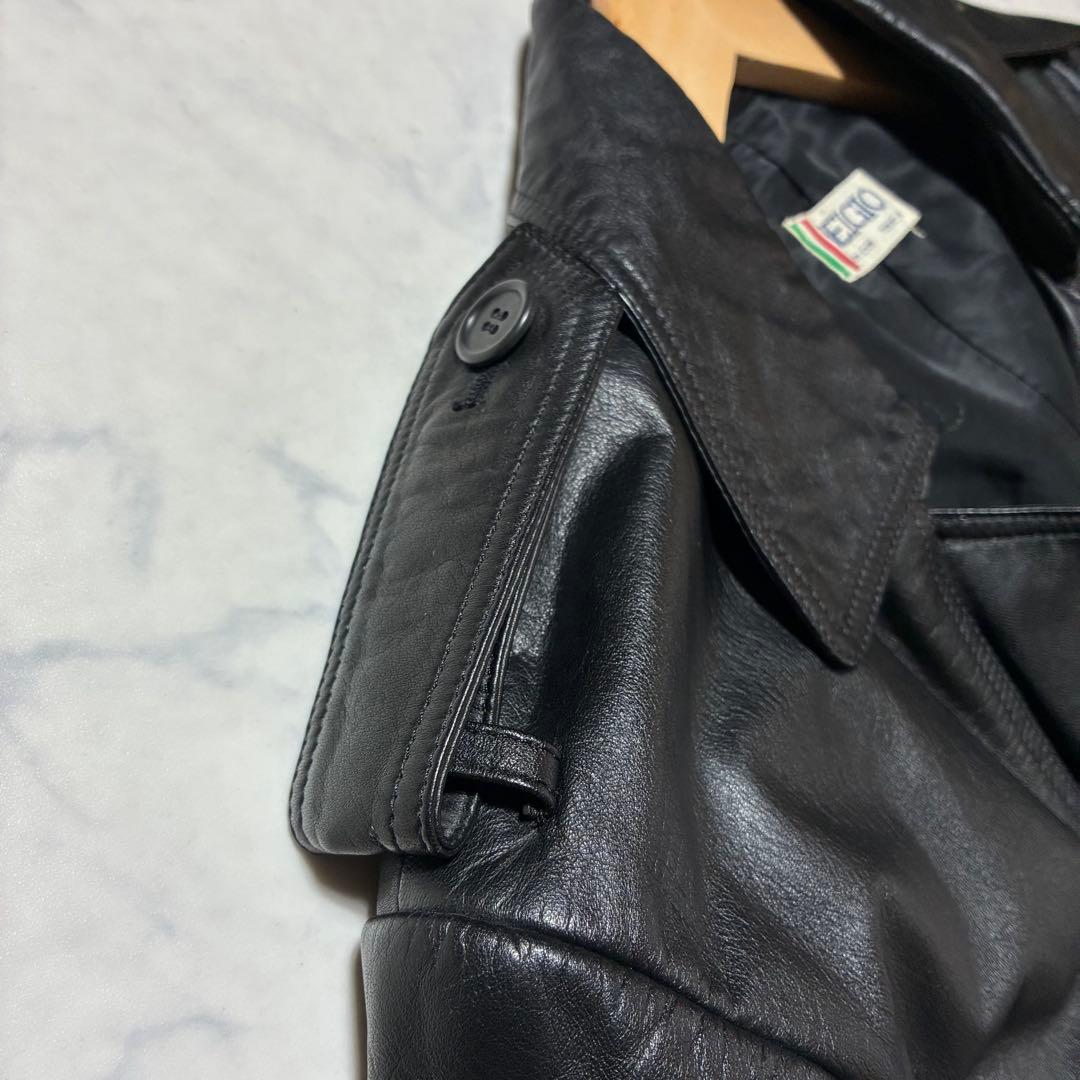 美品✨VINTAGE レザー トレンチコート ロング ダブル ベルト 黒 L位