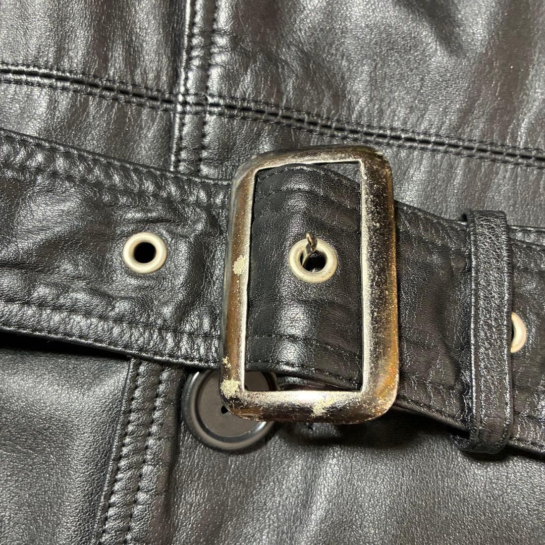 美品✨VINTAGE レザー トレンチコート ロング ダブル ベルト 黒 L位
