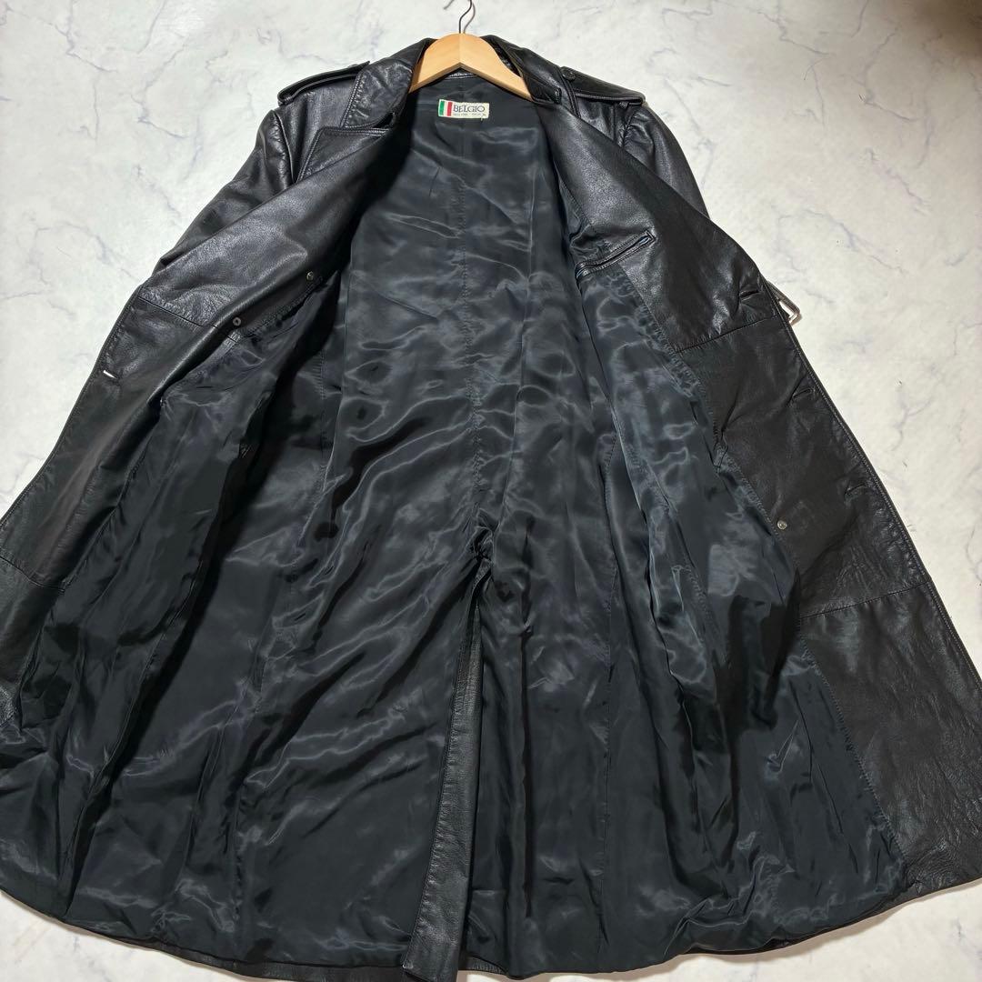 美品✨VINTAGE レザー トレンチコート ロング ダブル ベルト 黒 L位