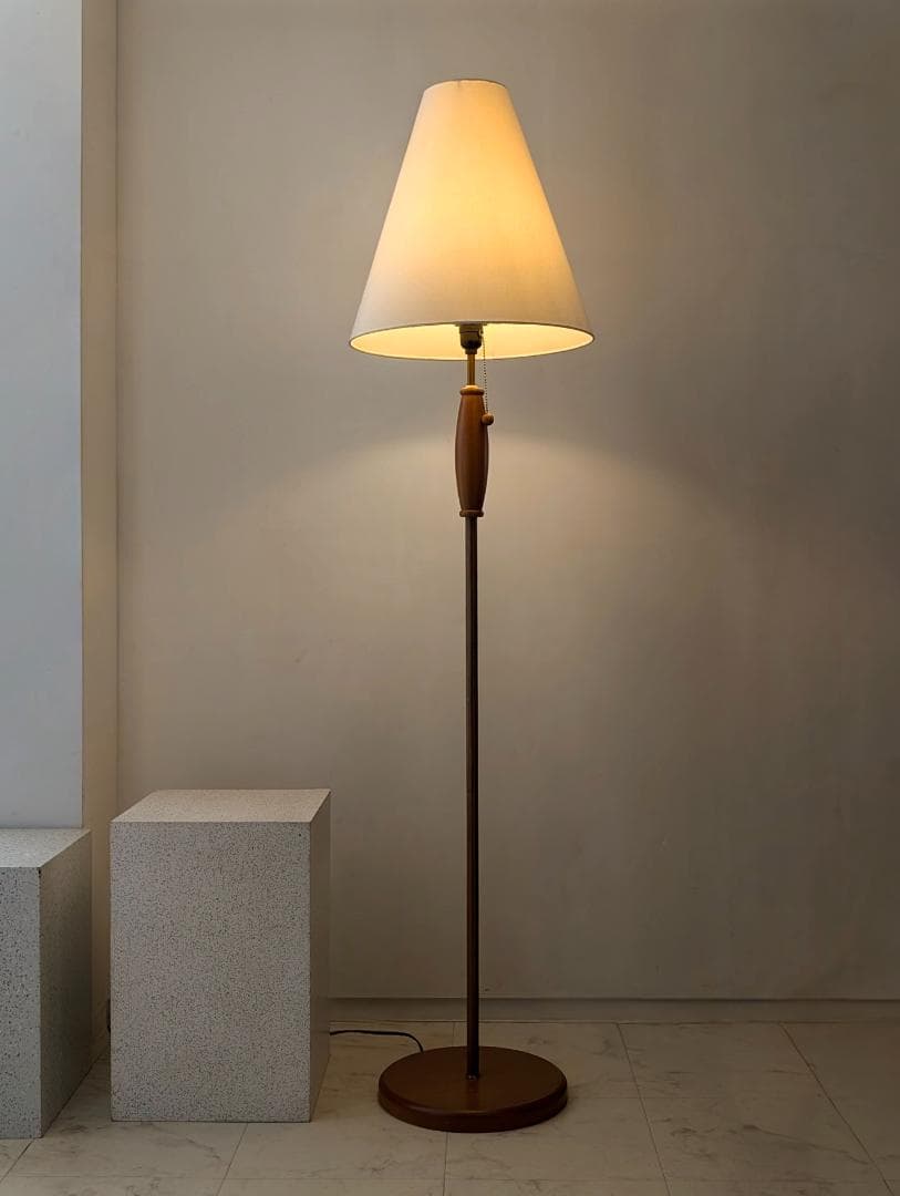 90年代 ビンテージ ファブリックシェード×ウッド スタンド フロアライト 美品