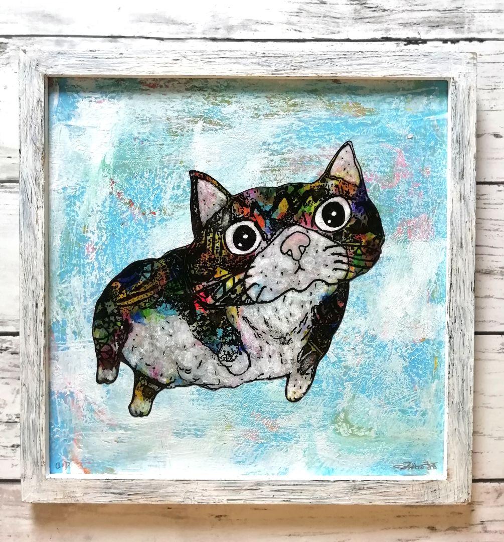 銅版画応用絵画　title「プカプカ猫Neo」