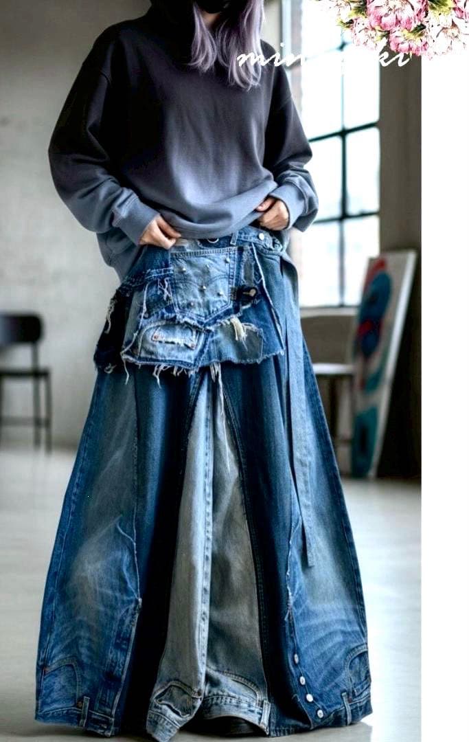 年末セール！デニムリメイク☆フレアパンツxプリーツ巻きスカート☆セットアップ